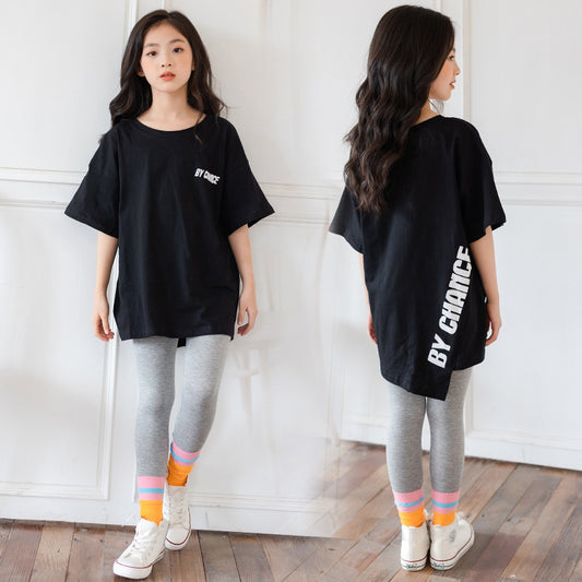 Girls' T-shirt Spring And Summer Korean Children's Clothing Alphabet Half-sleeved Short-sleeved Irregular Middle-aged Children's Net Red Tide Top