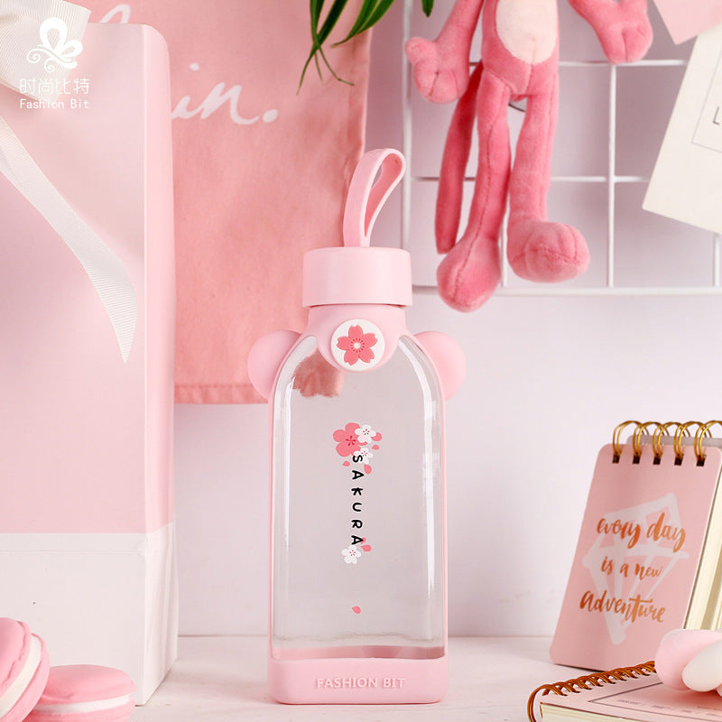 Flat Bottle Silicone Jacket Glass Glass Flower Cute Girl Heart Glass