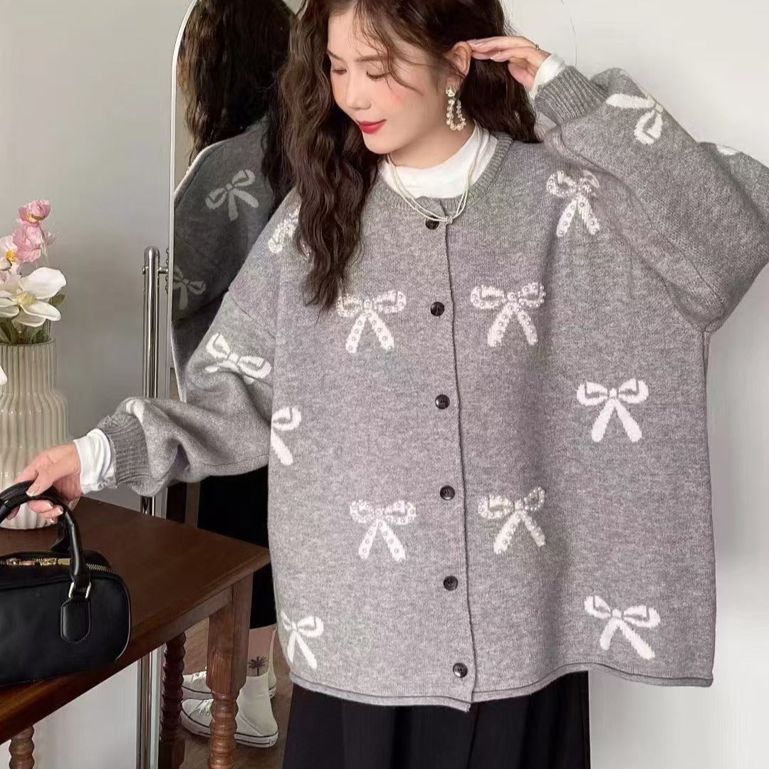 Bow Knit Sweater Coat Women Loose Design Sense Cardigan Top Casual Style