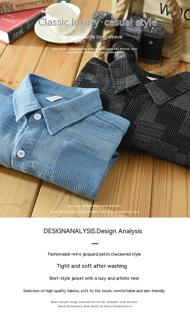 Jacquard Color Matching Casual Denim Long-sleeved Shirt Men's Loose Shirt Coat