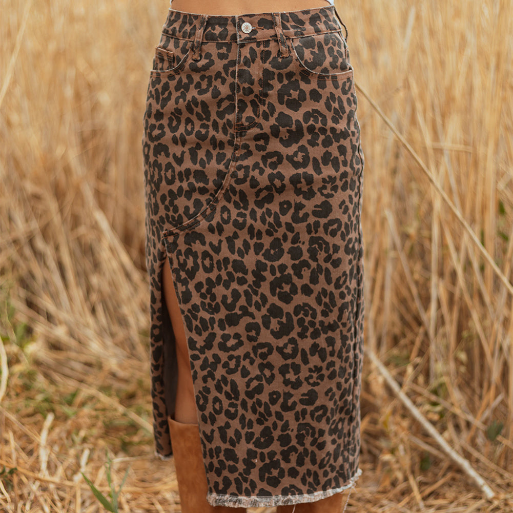 Women's All-match Leopard Print High Waist Slit Denim Skirt