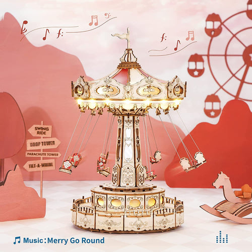 Robotime Rokr Magic Amusement Park Swing Ride 3D Wooden Puzzles Construction Model Kit DIY Music Box Rotating Building Kits