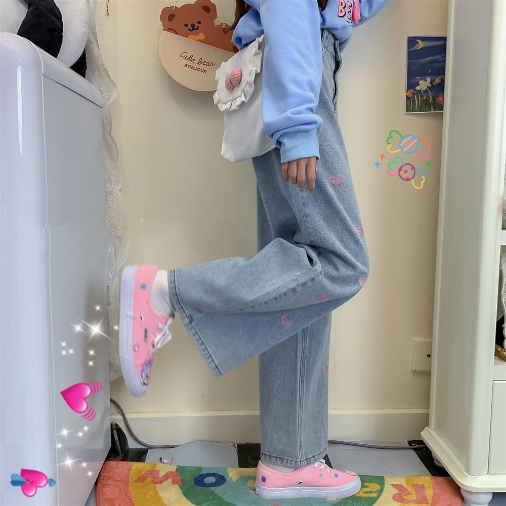 Heart Jeans Straight Leg Wide Pants Loose High Waist Slimming