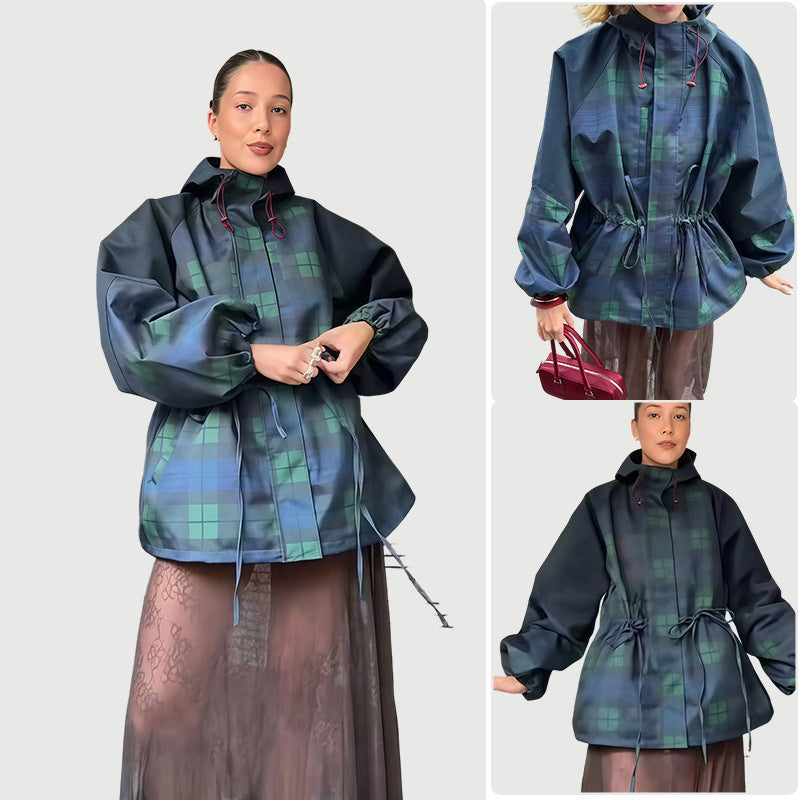 Outdoor Hooded Fashion Plaid Loose Windbreaker Jacket