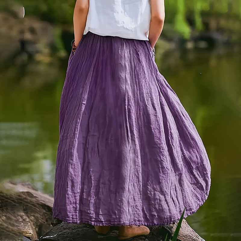 Women Bohemian Beach A-Line Dress Elastic Waist Flowy Long Maxi Skirt With Pockets