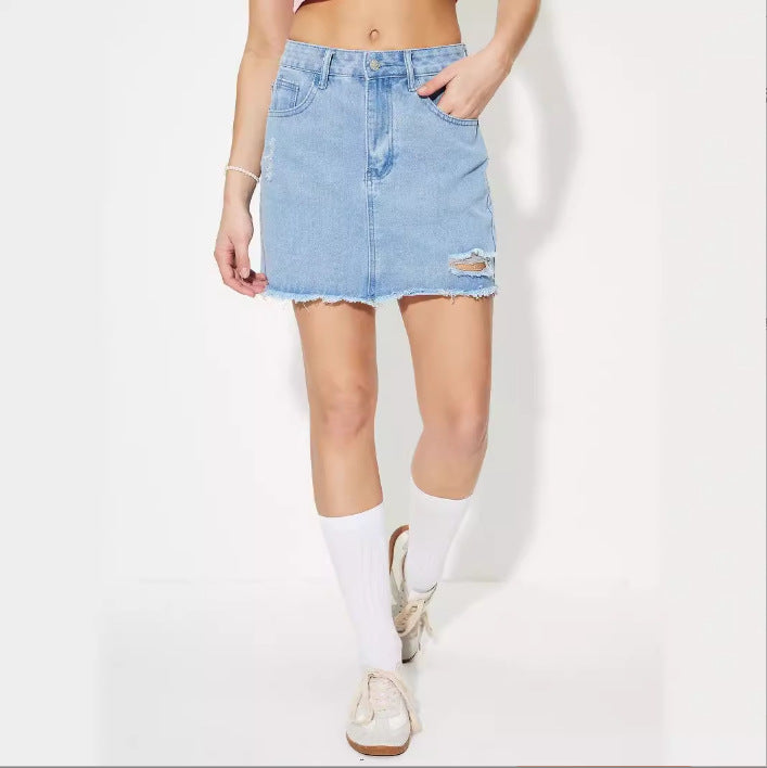 Womens Stylish Distressed Denim Skirt With A Personalized Design