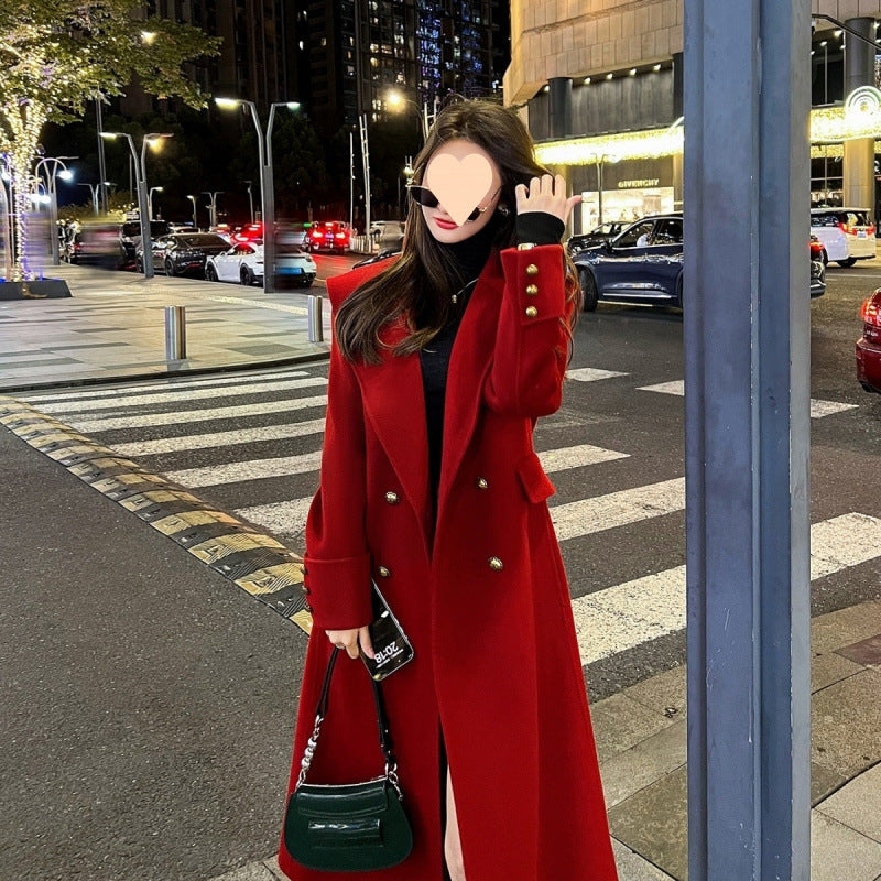 Red Temperament Long Sleeve Women's Woolen Coat