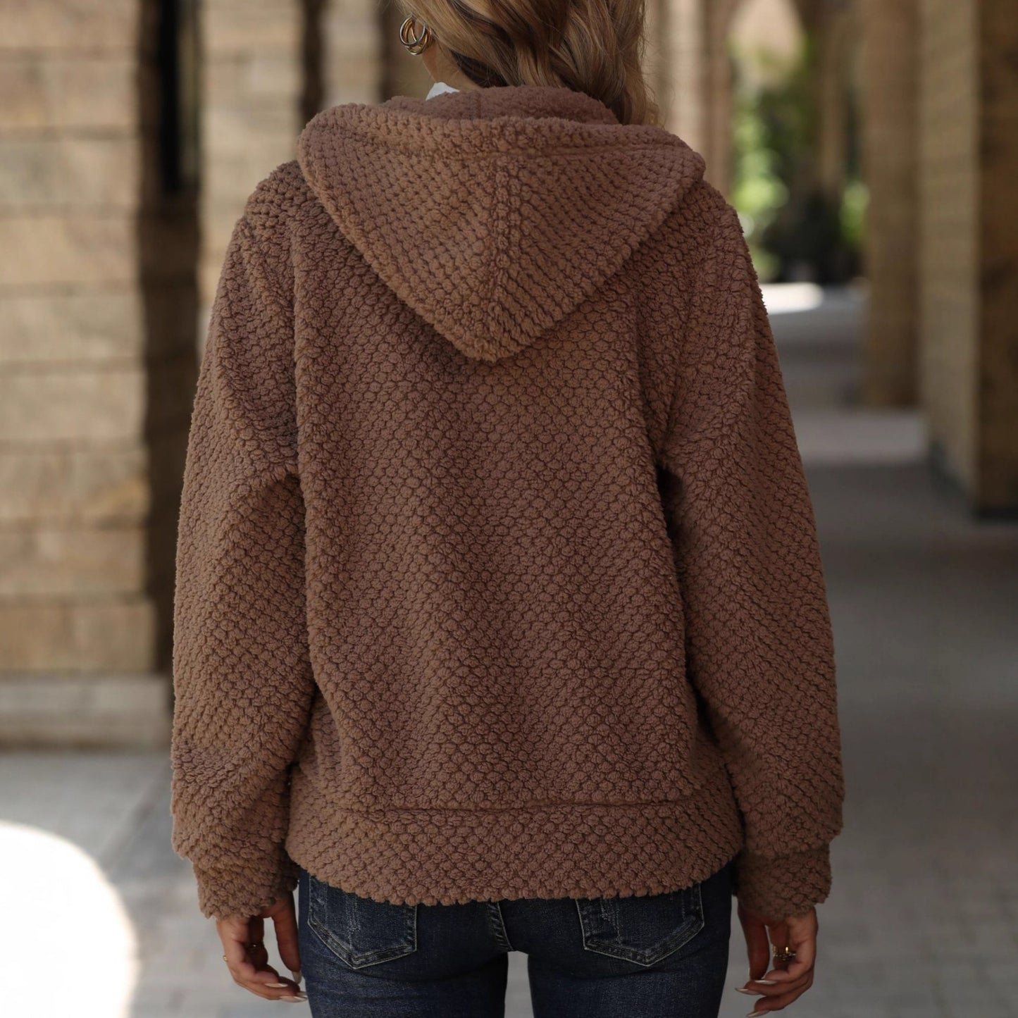 Women's Autumn And Winter Loose Pocket Hooded Zipper Plush Jacket