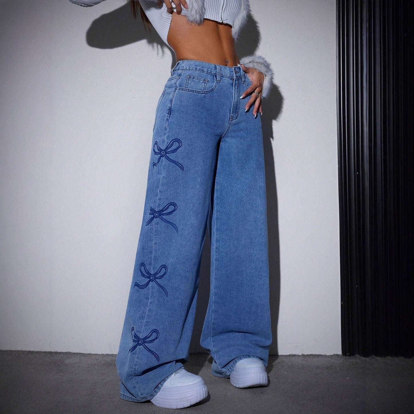Printed Straight-leg Wide-leg Jeans