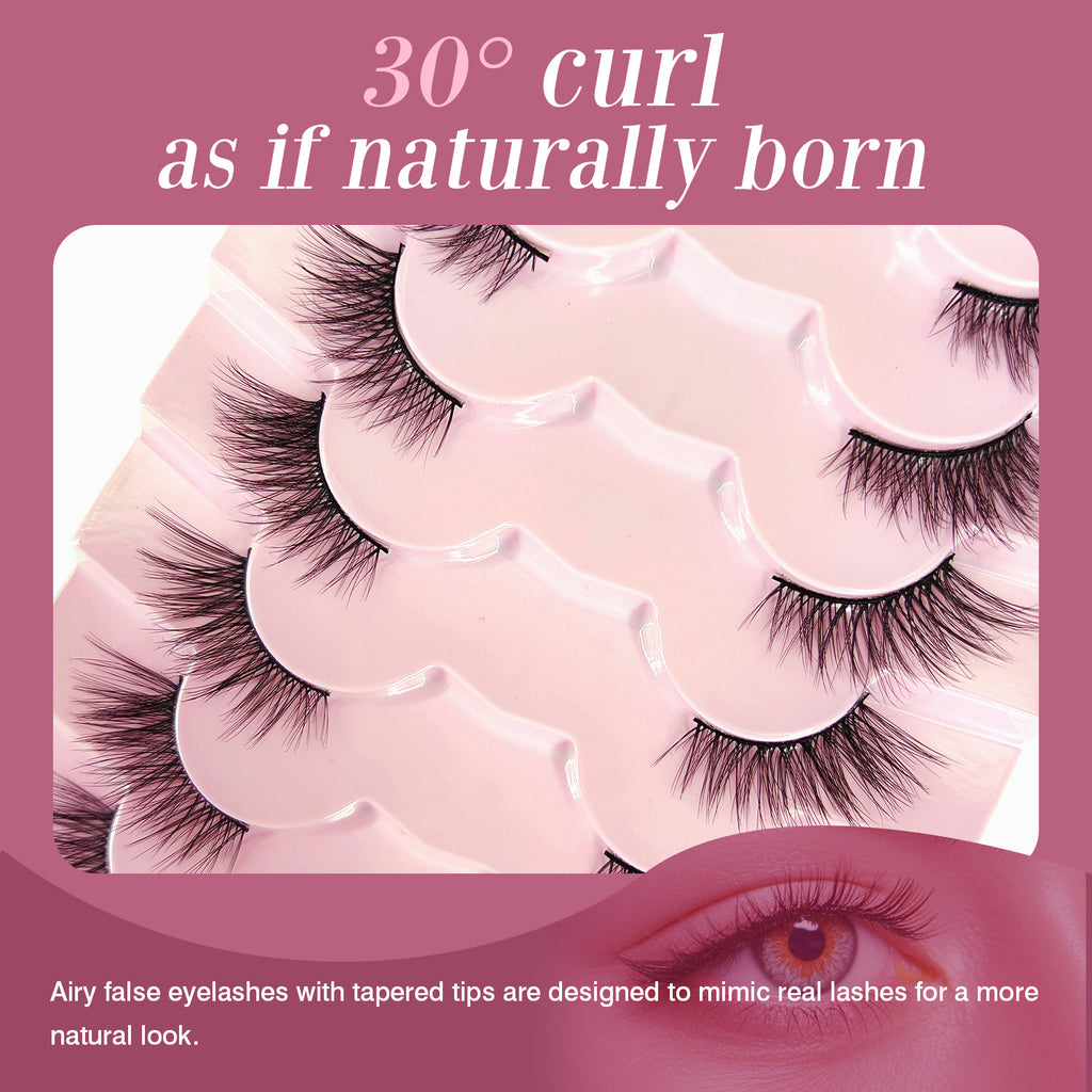 Natural Lashes Wispy Lashes Natural Look False Eyelashes Natural Flared Eyelashes False Eye Lashes Soft Fluffy Lashes 7 Pairs 6mm Gradual 13mm Cat's Eye Transparent Stem Eye Tail Elongated Half Eye Na