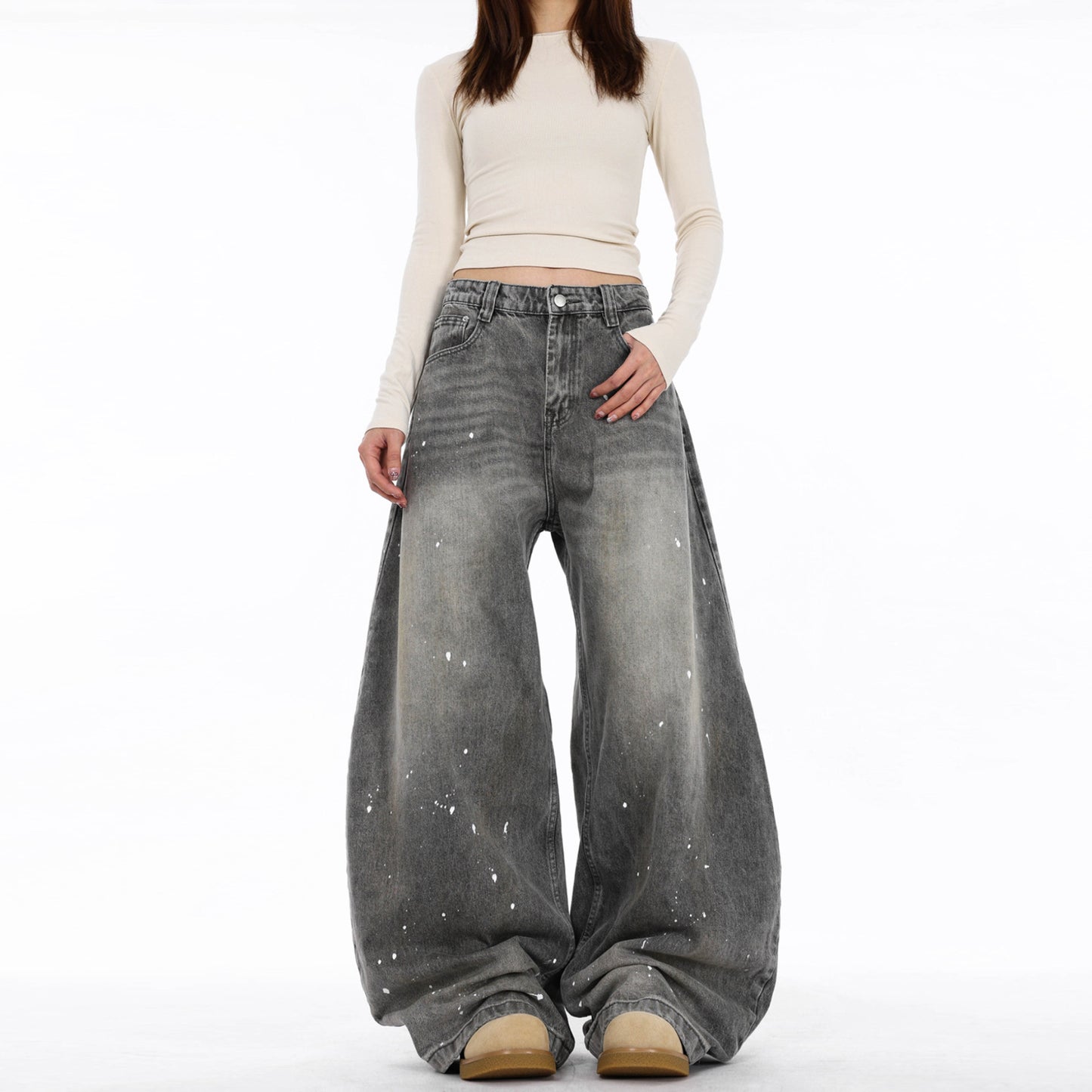 Retro Washed Distressed Splash-ink Machete Jeans For Women