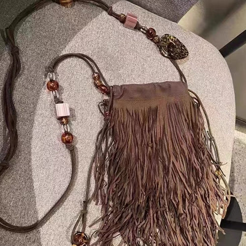 Drawstring Beaded Tassel Deerskin Velvet Crossbody Bag