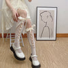 Sweet Girl's Milky White Hollow Lace Satin Ribbon Thigh High Socks
