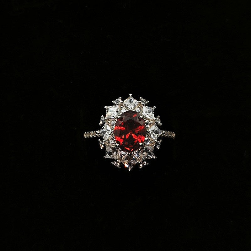 S925 Silver Ring With An Adjustable Opening Featuring A Pigeons Blood Red High-carat Zircon