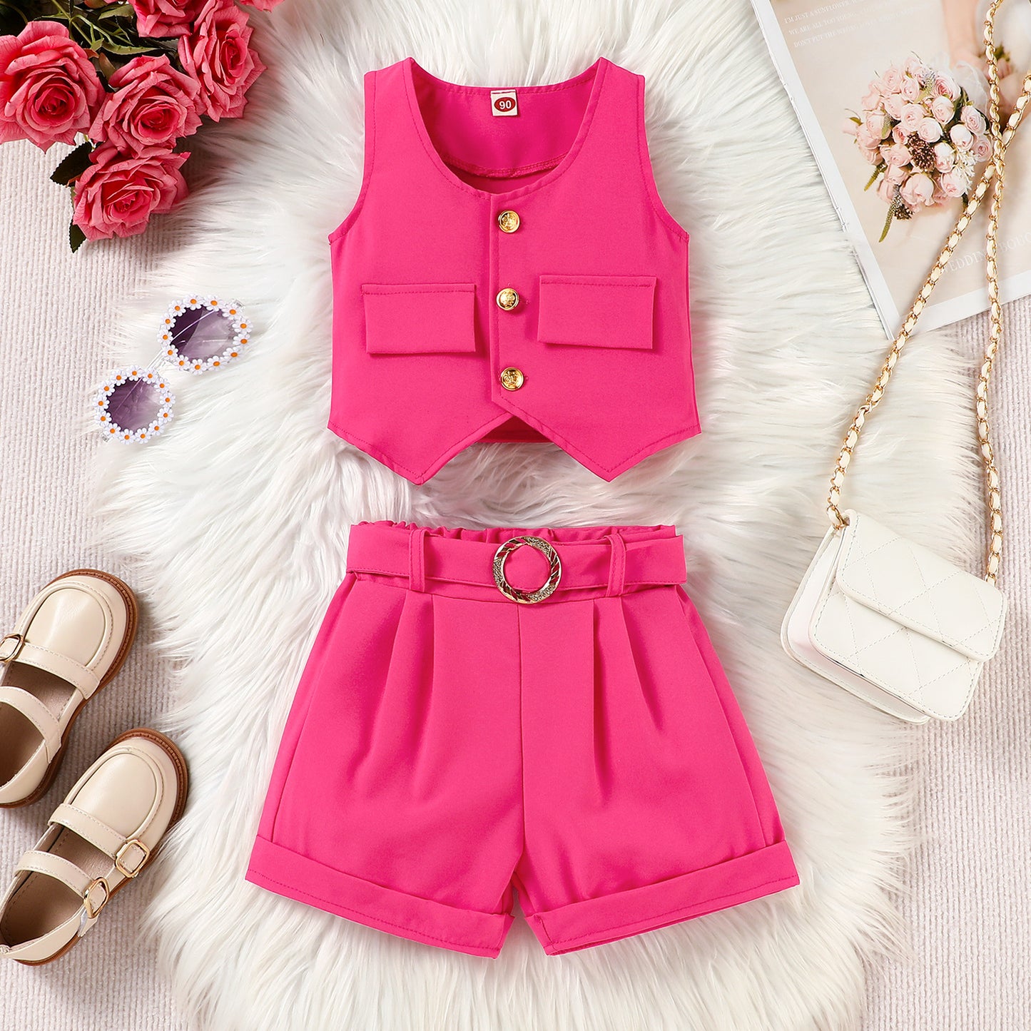 Girls V-neck Vest Top Shorts And Belt Three-Piece Set