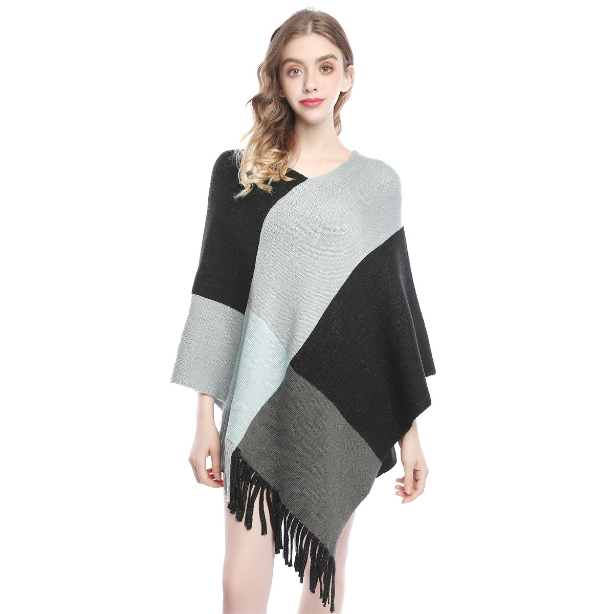 Fashion Women's Wear Color Contrast Patchwork Shawl Cape Knitted
