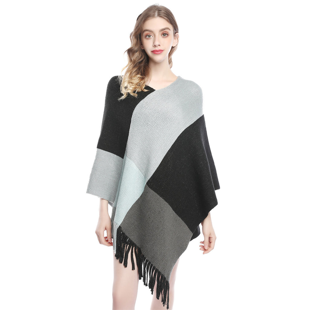 Fashion Women's Wear Color Contrast Patchwork Shawl Cape Knitted