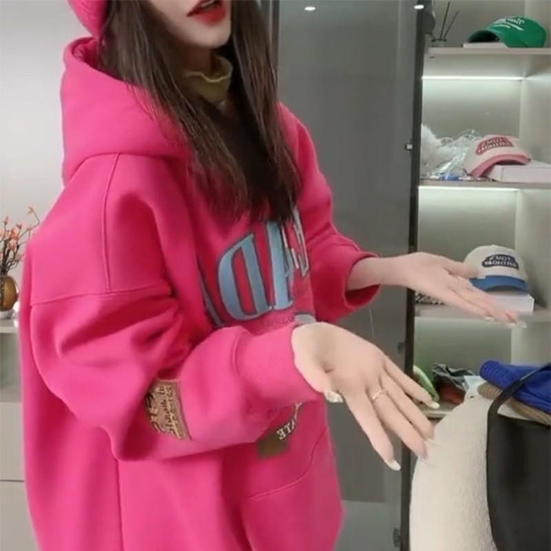 Fashionable Hooded Fleece-lined Loose-fitting Versatile Top