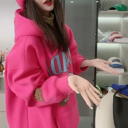 Fashionable Hooded Fleece-lined Loose-fitting Versatile Top