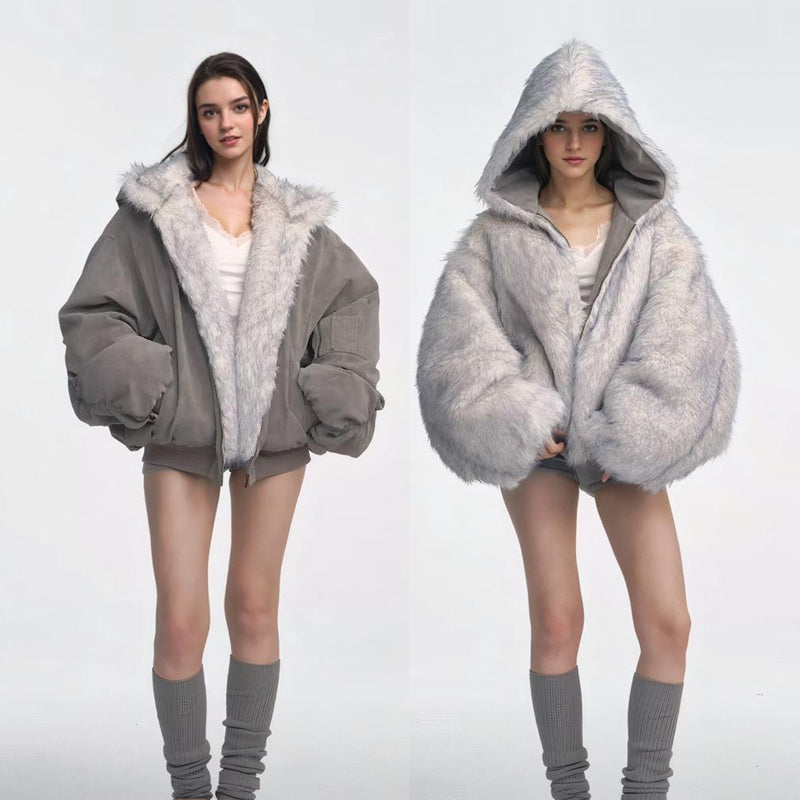 Gray Double-sided Dyed Pointed Fur Vintage Cotton-padded Jacket Coat