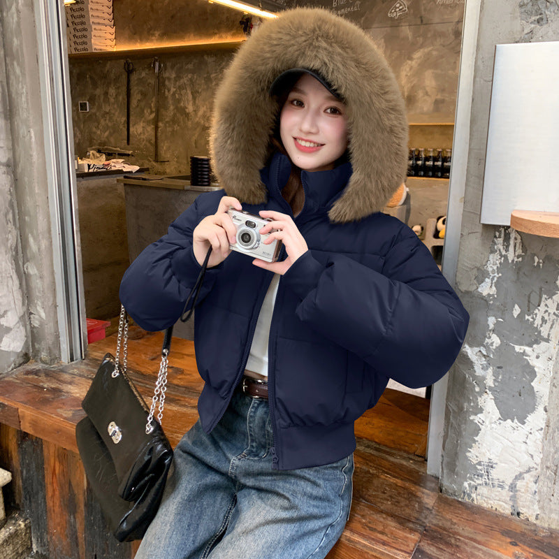 Thick Warm Hooded Short Big Fur Collar Loose Petite Cotton-padded Coat