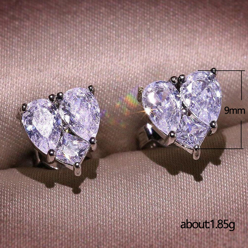 Simple Sparkling Zircon Heart Stud Earrings With Diamonds For Women