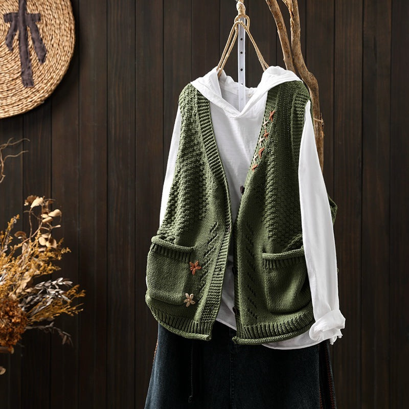 Hand-embroidered Cotton Thread Knitted Sleeveless Vest Cardigan