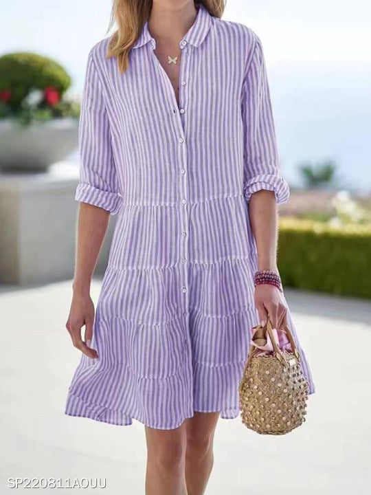 Ins Striped Long-sleeved Shirt Dress Fashion Lapel Button Dresses For Women