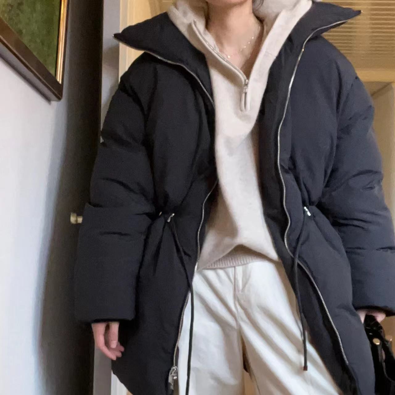 Drawstring Waist Stand Collar Women's New Warm Down Jacket Coat