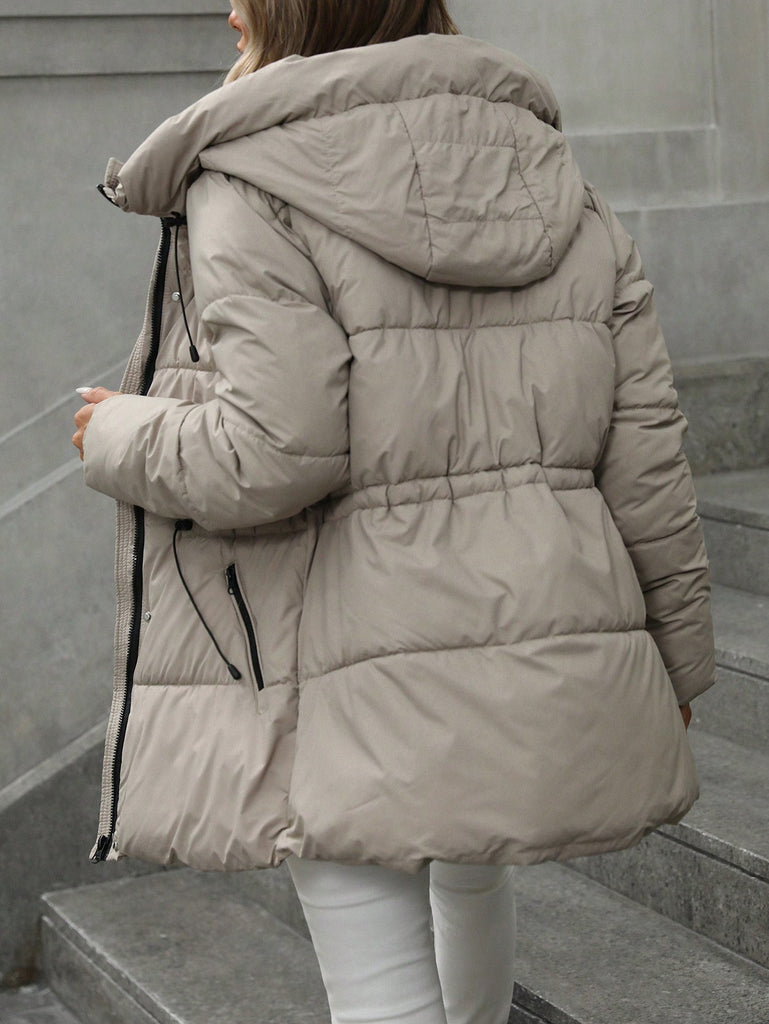 Casual Adjustable Waist Quilted Mid-Length Hooded Padded Padded Coat Clothes Winter For Women