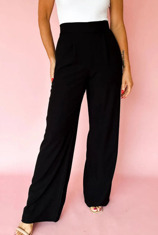 Black Pleated Detail Pull On High Elastic Waist Loose Straight Pants