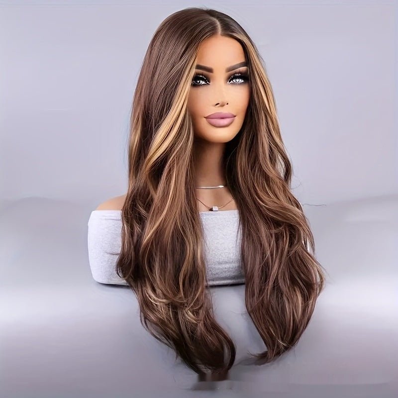 26 - inch Elegant Women's Wig Brown Mixed Color Wavy Long Hair Synthetic Fiber Rose Mesh Cap Daily Wear - Eshtree