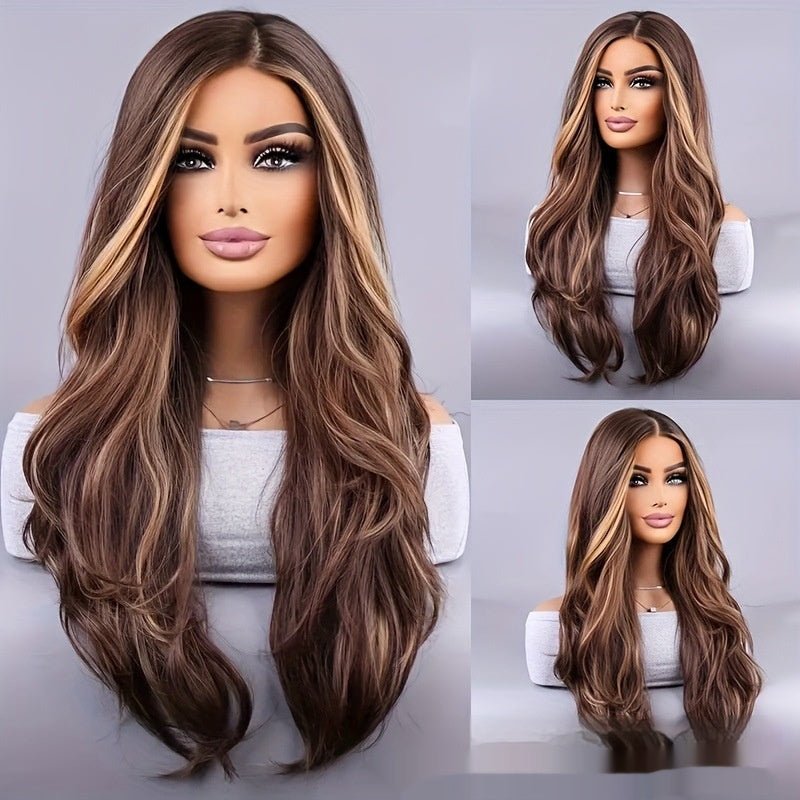 26 - inch Elegant Women's Wig Brown Mixed Color Wavy Long Hair Synthetic Fiber Rose Mesh Cap Daily Wear - Eshtree