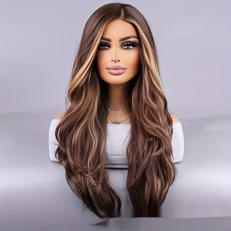 26 - inch Elegant Women's Wig Brown Mixed Color Wavy Long Hair Synthetic Fiber Rose Mesh Cap Daily Wear - Eshtree