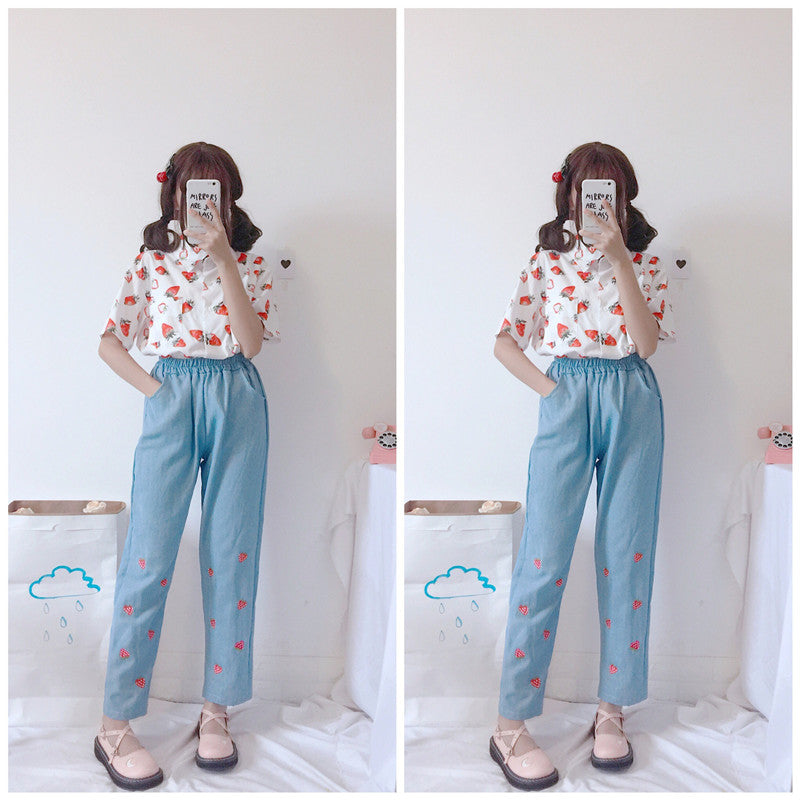 Embroidered strawberry jeans