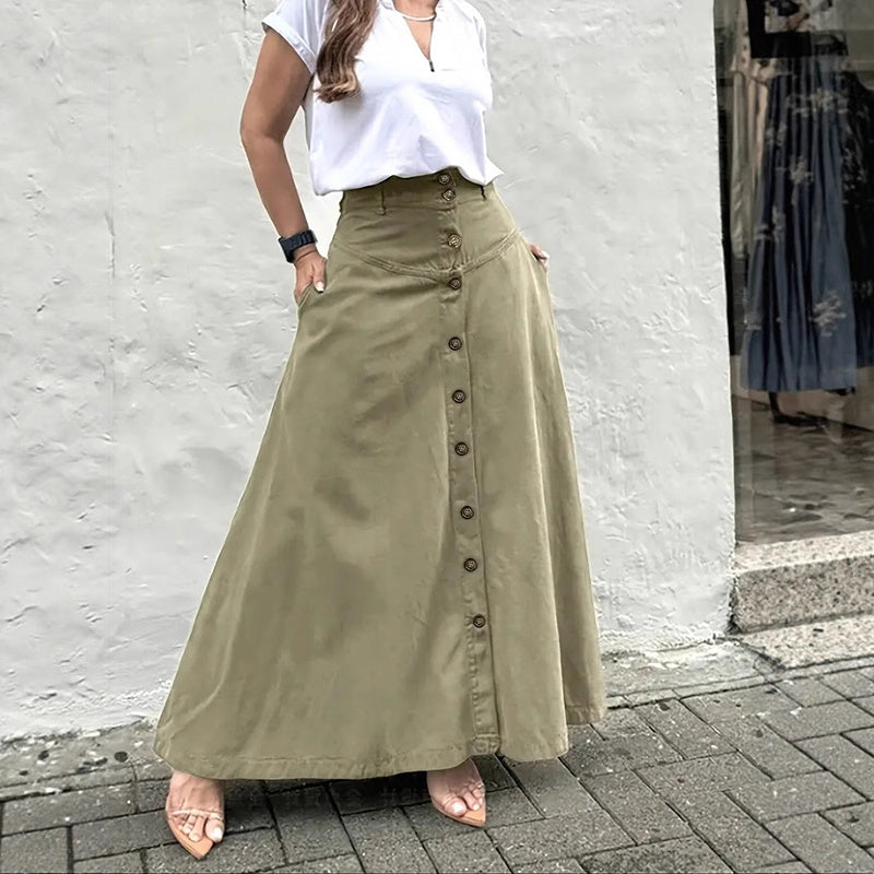 Women's Solid Color High-Waisted A-Line Skirt With Slit And Button Detail Flared Midi Skirt With Pockets For Spring & Fall