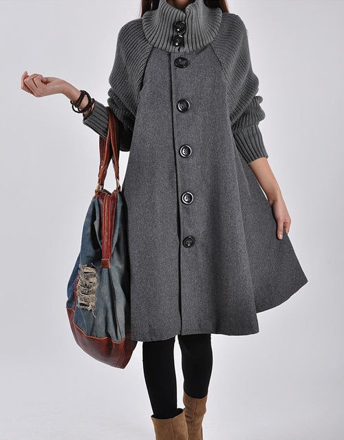 Women's Long-length Loose Woolen Coat, Cloak-style Tweed Overcoat