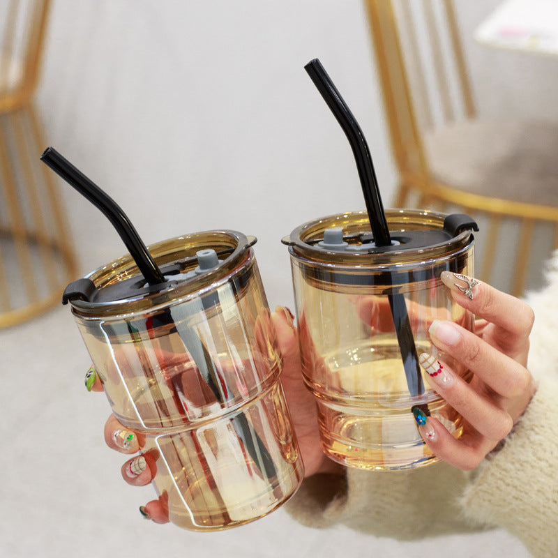 Creative Portable Bamboo Cup With Lid Straw Glass