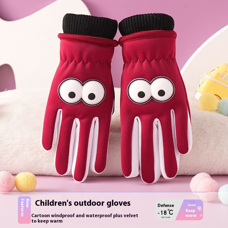 Children's Gloves Autumn And Winter Outdoor Cold-proof Warm With Velvet Anti-slip Cycling Cartoon Cute Windproof