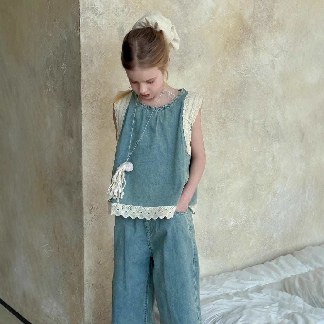Girls' Lace Trim Denim Cropped Wide-leg Pants Sleeveless Vest Two-piece Set