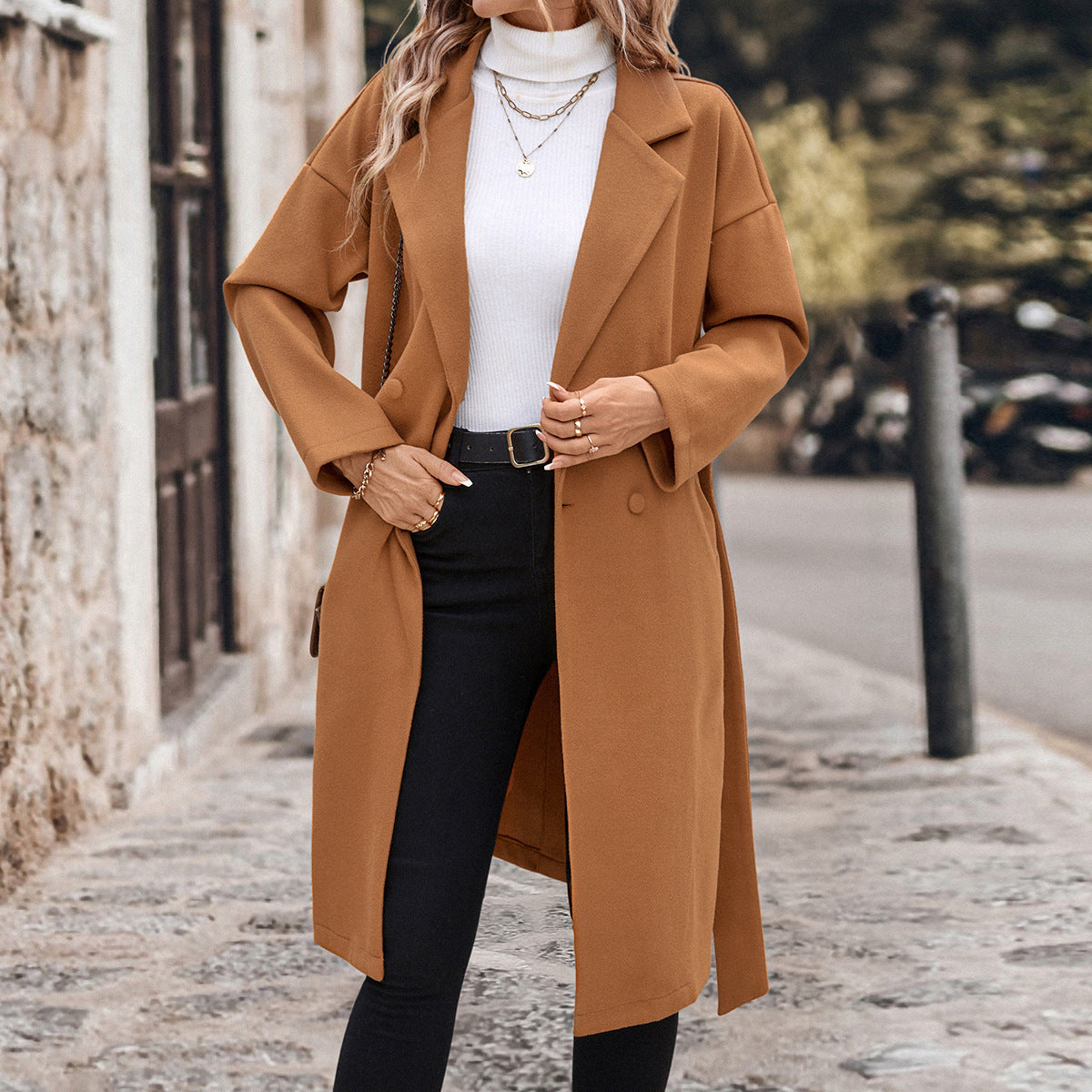 Women's Lace-up Extended Solid Color Woolen Coat