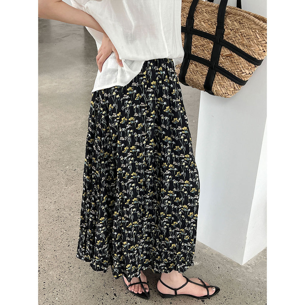 Vintage Floral Women's Summer Loose Pleated High Waist Drooping A- Line Umbrella Skirt
