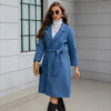 Blue Waist-tie Mid-length Women's Wool Coat