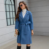 Blue Waist-tie Mid-length Women's Wool Coat