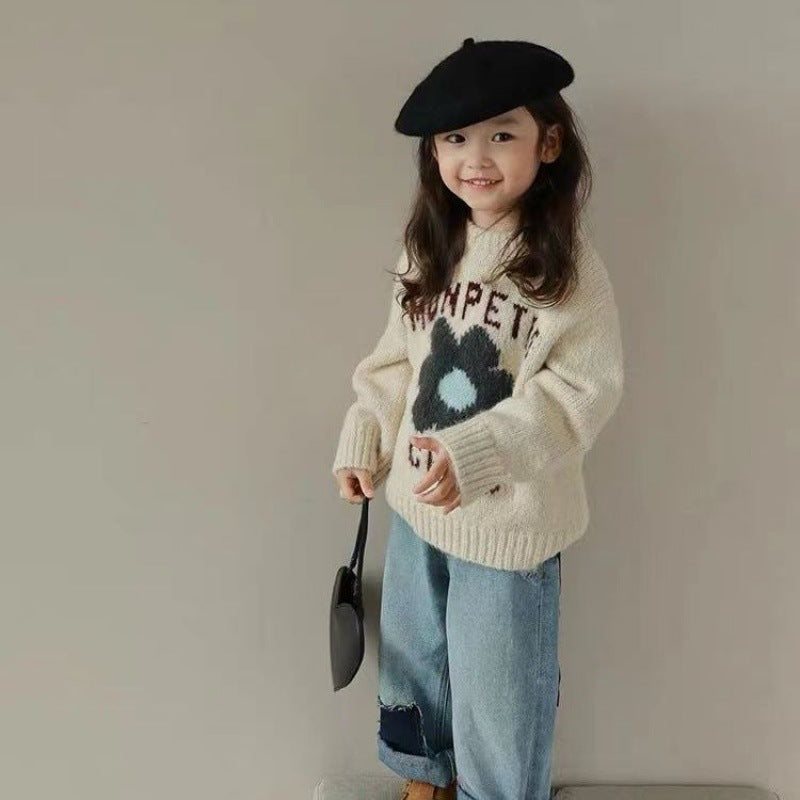 Soft Round Neck Children's Clothing Girls' Letter Flower Pullover Sweater