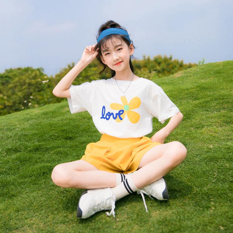 Girls Fashion Simple Short Sleeve Shorts Set