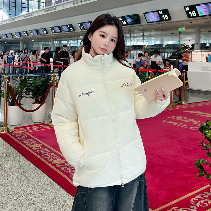 Cotton-padded Coat Stand Collar Plaid Stitching Thickened Coat