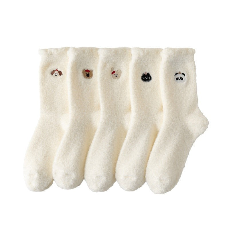 Plush Soft Glutinous Socks Women's Fleece-lined Thickened Cute Cartoon Mid-calf High-grade