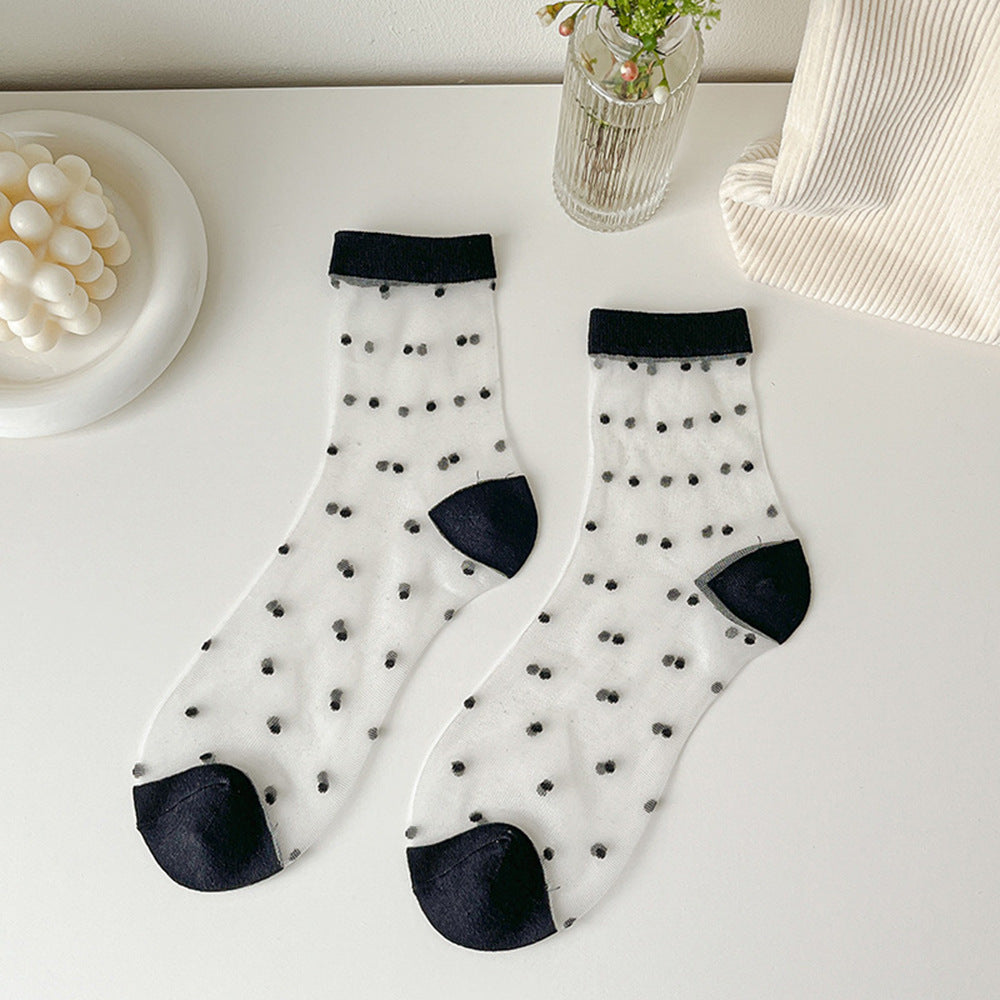 Spun Glass Crystal Tube Socks Women's Summer Thin Black Polka Dot Breathable Mesh