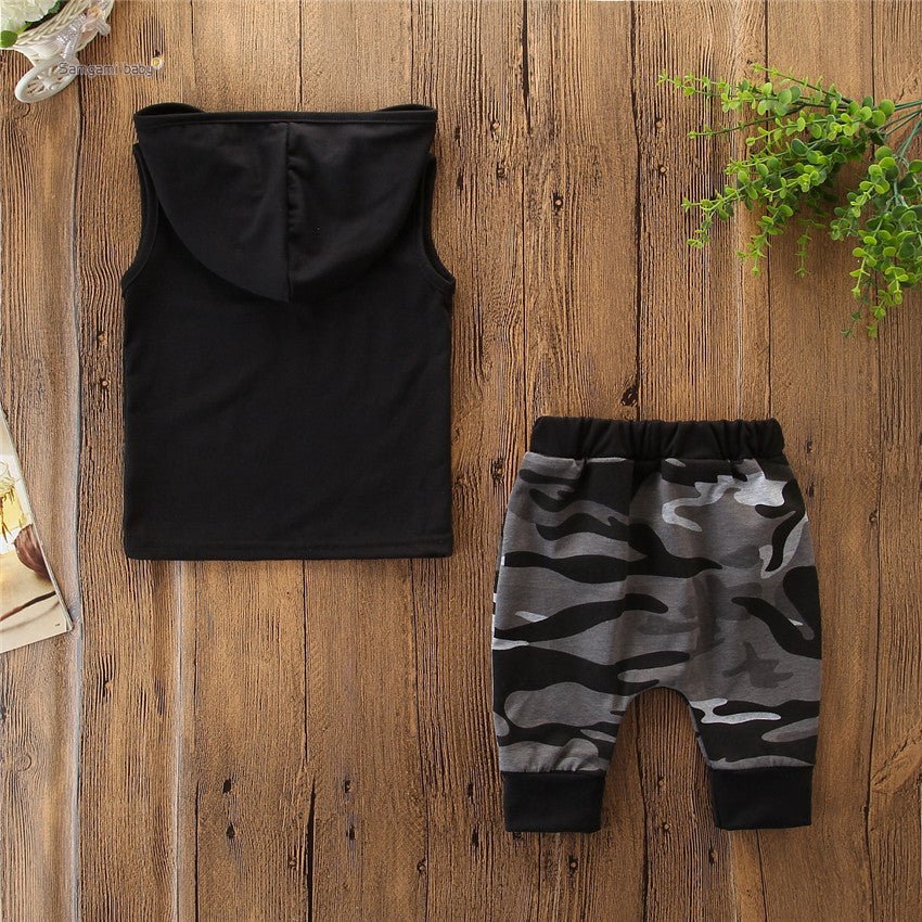 2PCS Toddler Kids Baby Boy Sleeveless Hooded Clothes T-shirt Tops Camo Pants Outfits - Eshtree